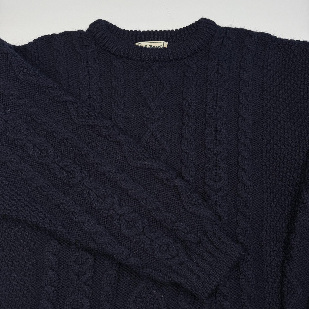 LL Bean Sweater Mens XL Navy Blue Wool Aran Cable Knit Crewneck Made Ireland